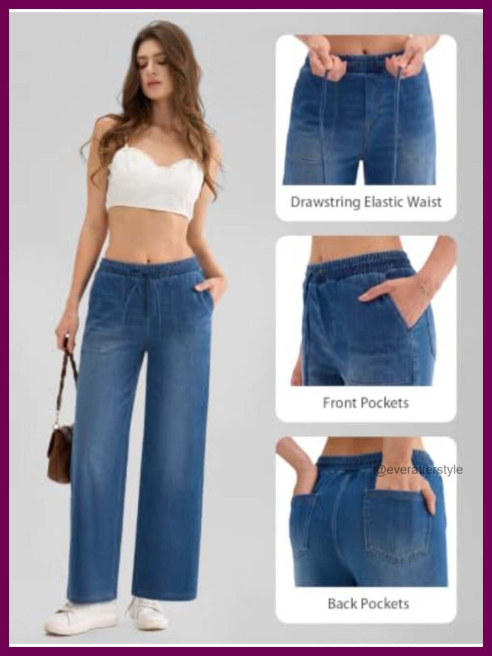 Wide Leg Baggy Jeans High Waisted Stretchy Denim 4 Pockets Drawstring - Picture 5 of 6